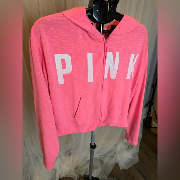 Victoria’s Secret PINK Cropped Zip Hoodie Neon Pink Logo Size M - Picture 4 of 9